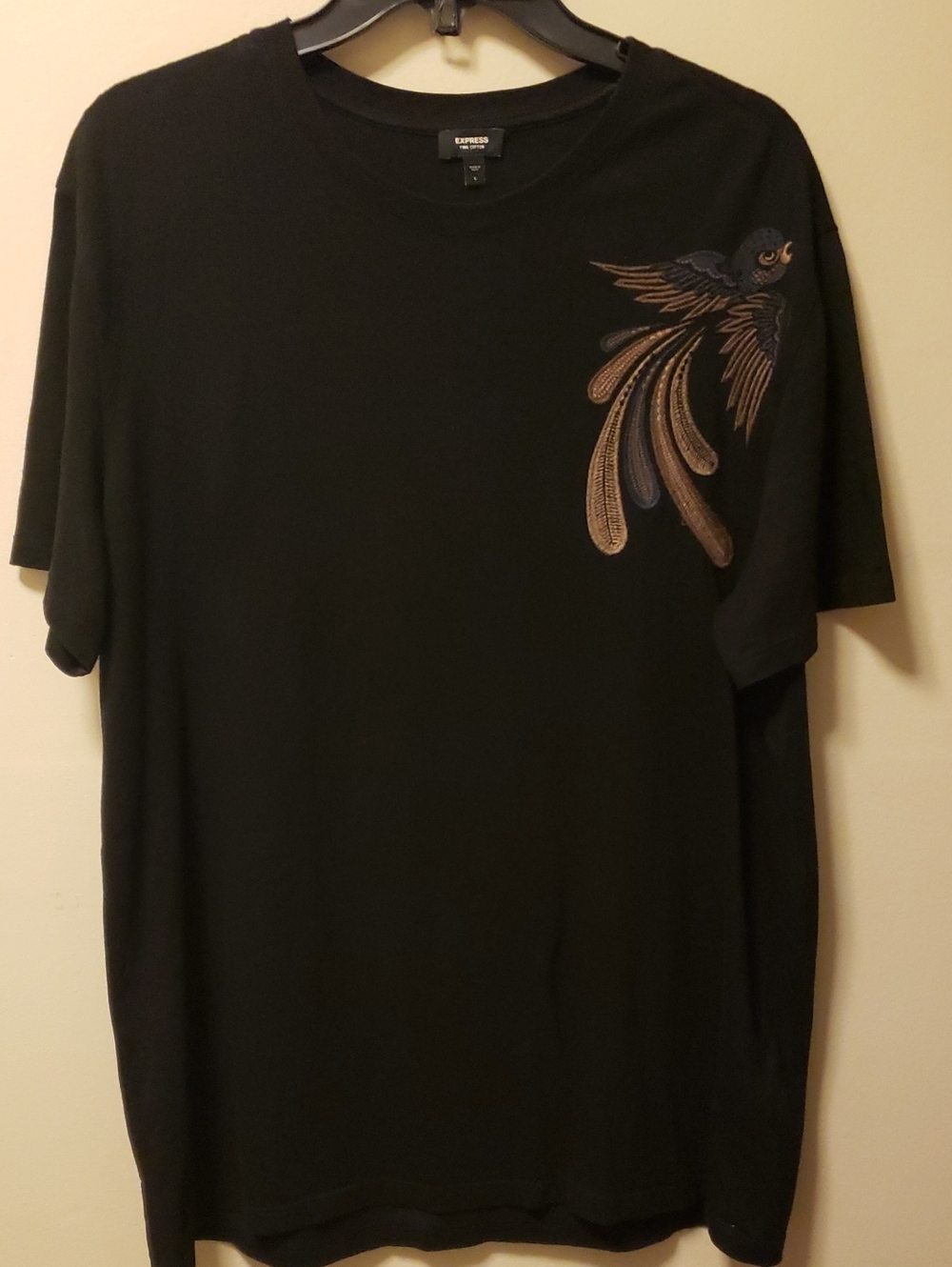 Express Black Short-Sleeve Pima Cotton Tee with Embroidered Bird Accent